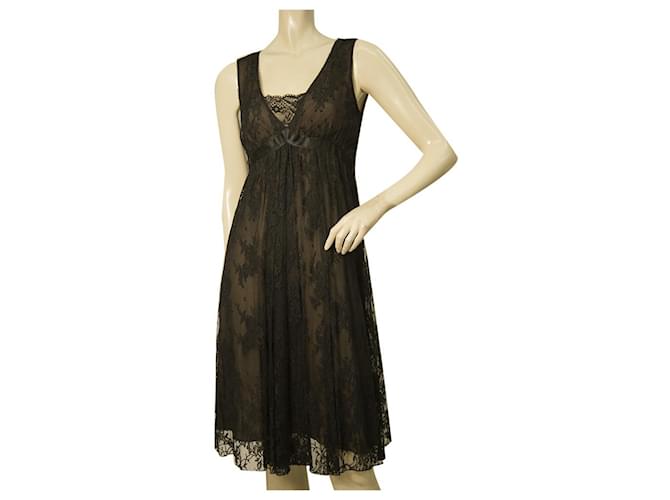 Azzaro Black Floral Lace Sleeveless Knee Length Cocktail Evening dress sz 38 Cotton  ref.438963