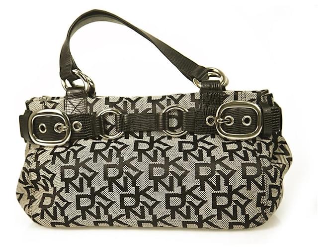 Donna Karan DKNY Signature Black Gray Canvas Top Leather Handles Clutch Handbag Grey  ref.438967