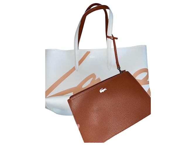 Lacoste Bag White Beige Chocolate Leather  ref.439084