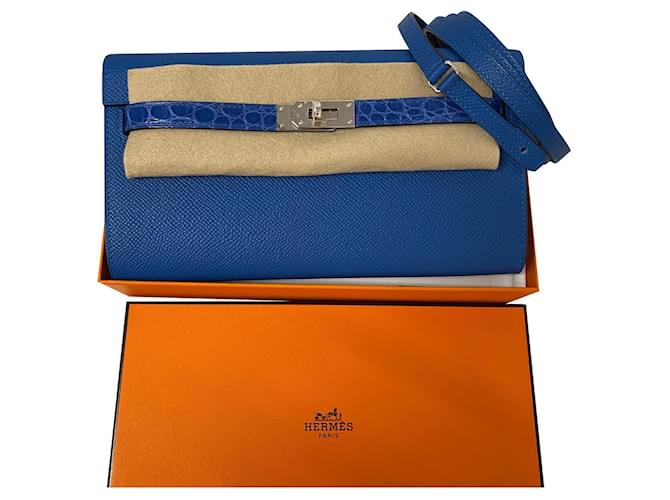 Hermès Kelly para ir bolsa Azul Couro Couros exóticos  ref.439397