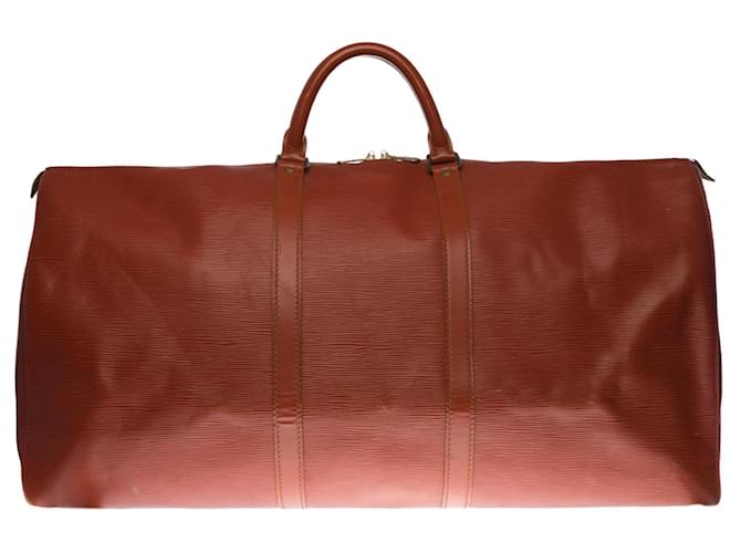 El imprescindible bolso de viaje "Keepall" de Louis Vuitton 60cm en cuero coñac epi, guarnición en métal doré, asa forrada de cuero de camello para llevar en la mano Castaño  ref.439545
