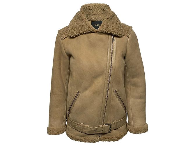 Jaqueta Maje Gombery Shearling em camurça bege
