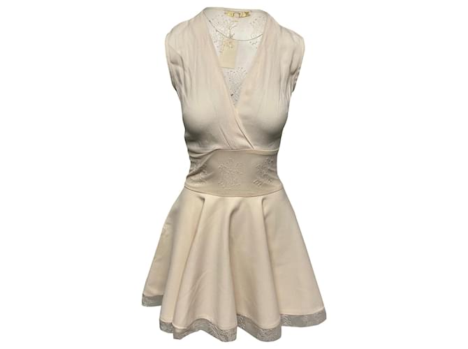 Maje Lace Detail Mini Dress in Cream Viscose Beige Cellulose fibre  ref.439806