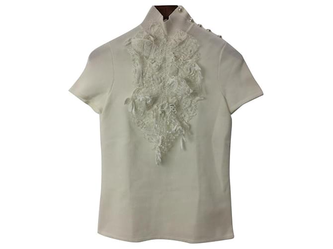 CHANEL Sweater / Short sleeve knit / Lace / Coco mark / Coco button / 36 /  Cotton / WHT / Plain / Secast White ref.439842 - Joli Closet