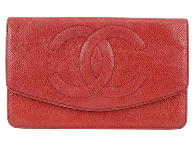 Chanel Red Caviar CC Logo Timeless Wallet Leather  ref.439943
