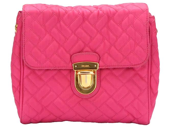 Prada Pink Quilted Tessuto Crossbody Bag Leather Pony-style calfskin Nylon Cloth  ref.439961