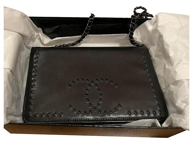 Wallet On Chain Portafoglio Chanel su catena Nero Pelle  ref.440083
