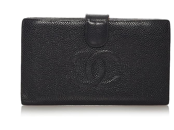Chanel Black CC Caviar Leather Long Wallet Schwarz Leder  ref.440110