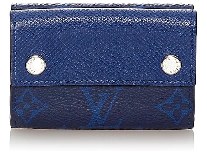 Louis Vuitton Blue Taigarama Portefeuille Kompakte Geldbörse Blau Leder Leinwand  ref.440118