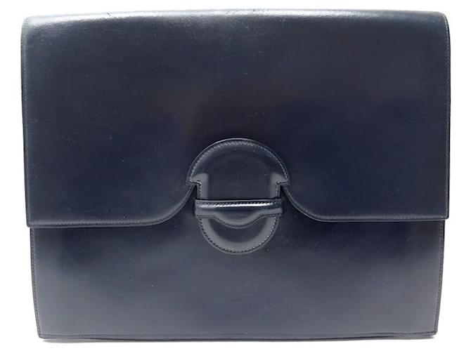 Hermès BOLSO DE MANO VINTAGE HERMES MALETÍN 35 cm caja de cuero azul marino  ref.440792