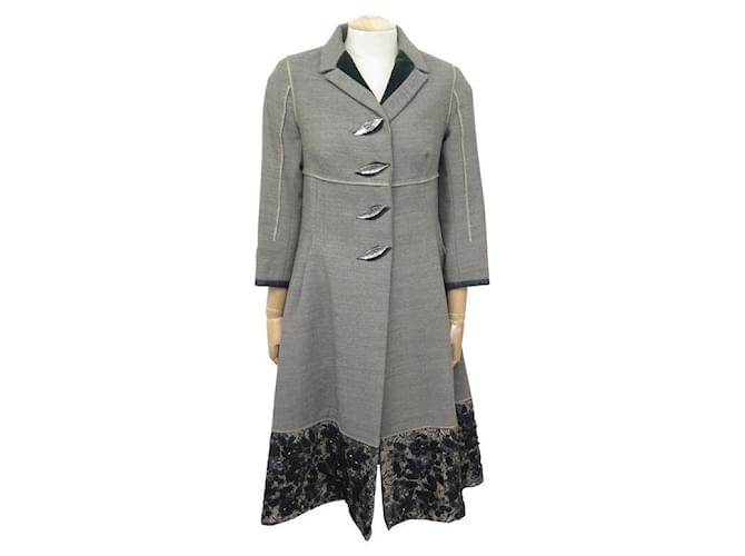 NEW LOUIS VUITTON COAT LONG T36 S EMBROIDERY GRAY BUTTON LEAVES COAT Grey  ref.440837