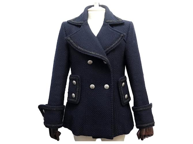 NEUF MANTEAU CHANEL CABAN P36637 L 42 BOUTONS LOGO CC TWEED LAINE NEW COAT Bleu Marine  ref.440863