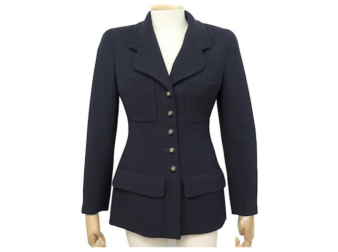 CHANEL FITTED JACKET LOGO CC 36 S IN BLUE SILK & WOOL CREPE JACKET Navy blue  ref.440873