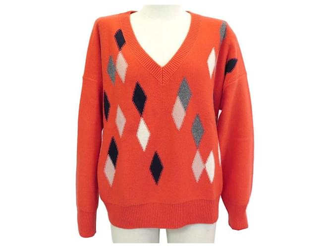 NEW ERIC BOMPARD V SWEATER LOOSE INTARSIA LOZENGES ORANGE M 40 Cachemire Kaschmir  ref.440895