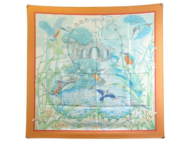 Hermès NEW HERMES SCARF AT THE WATER'S EDGE BY LAURENCE TOUTSY SILK ORANGE SCARF  ref.440906