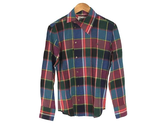 Vivienne Westwood MAN Long-sleeved shirt / M / cotton / RED / red / check / asymmetry / deformation / orb / embroidery  ref.441290
