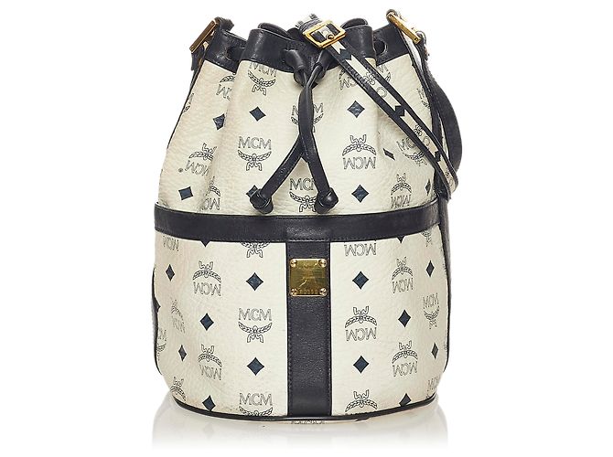 Borsa a secchiello MCM in pelle con visiera bianca