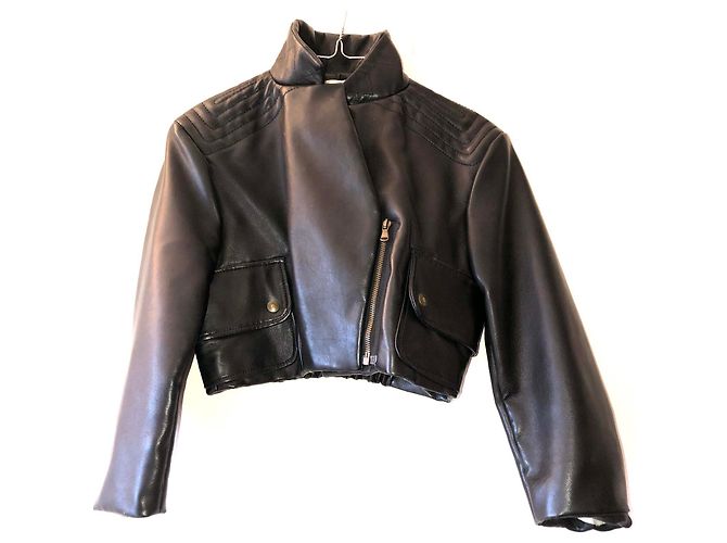 Carven Cropped Lederjacke Schwarz