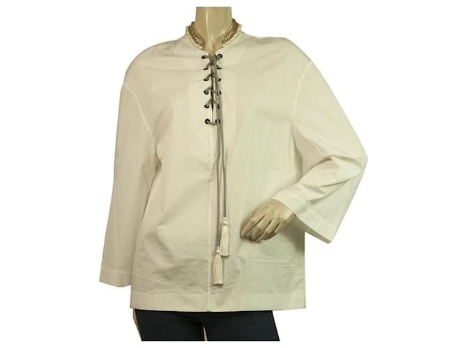 ETRO White Cotton Pearls and Beads Neckline, Tassels Blouse Tunic Top size 38  ref.442736
