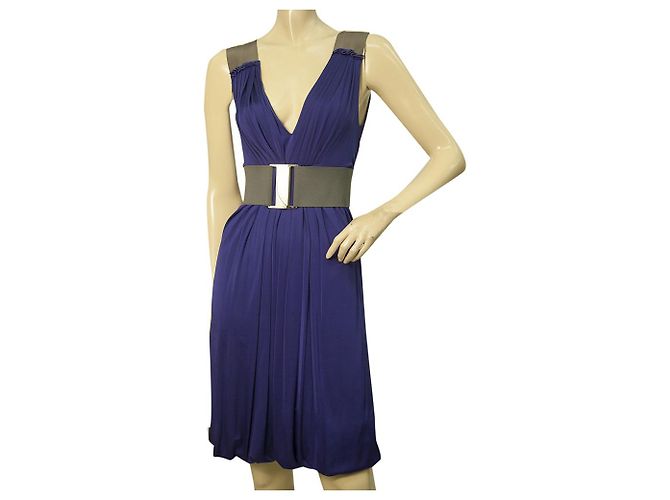 Vestido sem mangas Philosophy di Alberta Ferretti Azul drapeado com cinto e decote em V 42