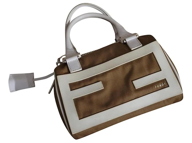 Fendi Minibag Handtasche Weiß Beige Leder Leinwand  ref.442809