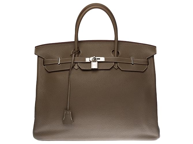 Hermès Superbe sac à main Hermes Birkin 40 cm en cuir Taurillon Clémence étoupe, garniture en métal argent palladium Gris  ref.442929