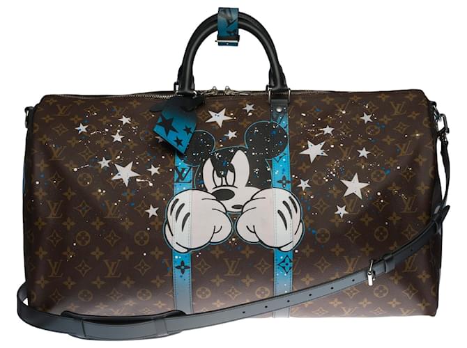 Louis Vuitton Keepall Travel Bag 55 Macassar custom shoulder strap "Fight Club" Brown Cloth  ref.442930