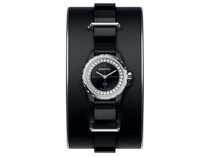 Chanel J12 Relógio XS Diamond com punho removível Preto Hardware prateado Couro Metal Diamante  ref.443357