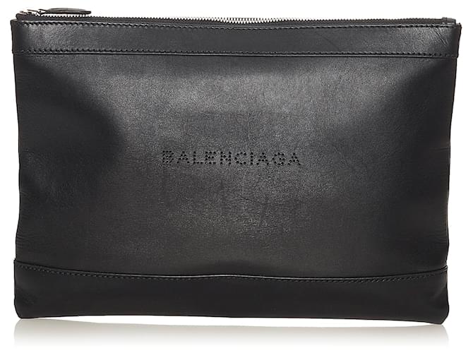 Balenciaga Black Navy Clip Clutch Bag Leather Cloth Pony-style