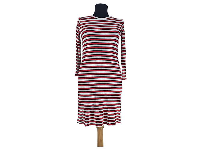 Mads Norgaard Gestreiftes Viscose Kleid Mehrfarbig Schwarz Weiß Rot Mehrfarben