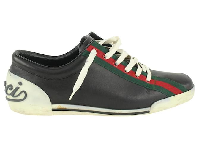 Gucci men's  US 157499 Black Web Stripe Script Sneaker Cursive   - Joli Closet