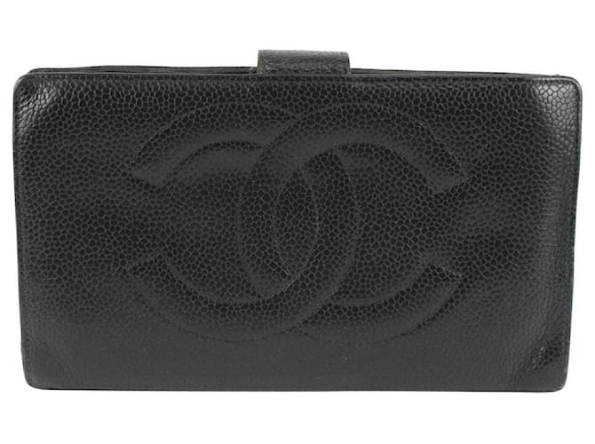 Chanel Carteira de couro preto caviar com logotipo CC aba longa  ref.444651