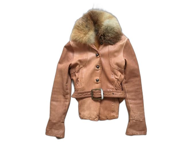 Autre Marque Giorgio Bravo leather jacket with red fox collar brown