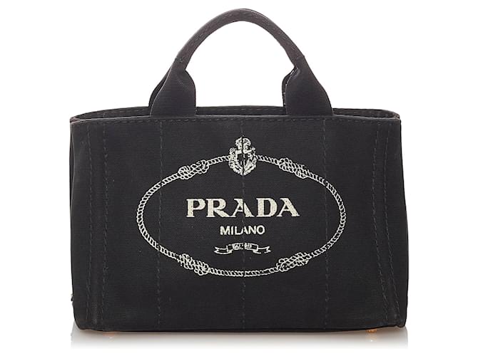 PRADA, Logo Printed Canvas Tote Bag in Black