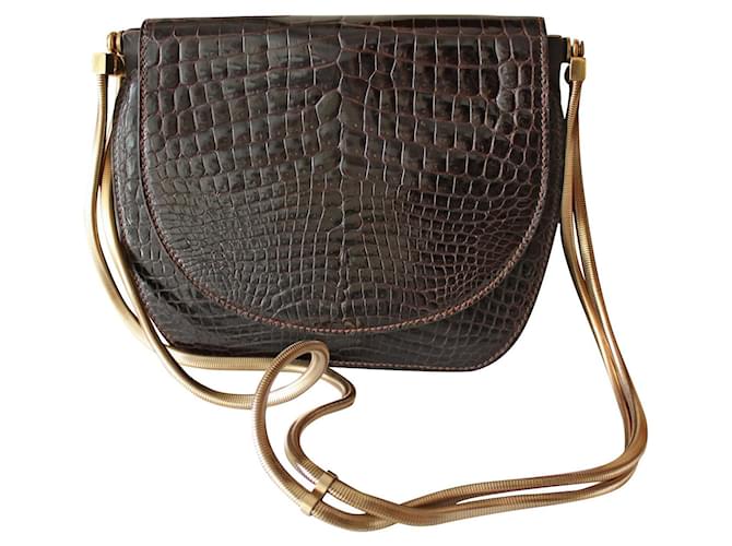 Autre Marque Vintage crocodile bag Golden Dark brown Leather Exotic leather Chain  ref.445328