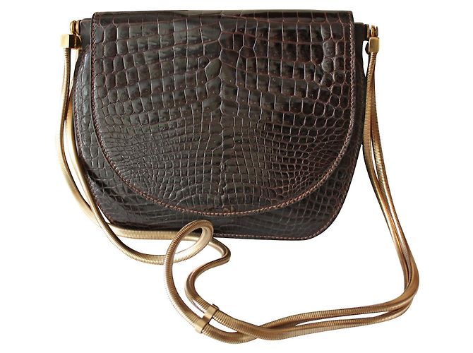 Autre Marque Sac Crocodile Vintage Doré Marron foncé