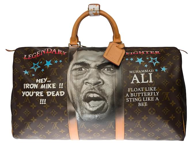 Louis Vuitton Keepall Travel Bag 55 Macassar shoulder strap customized "Muhammad Ali" Brown Cloth  ref.445672
