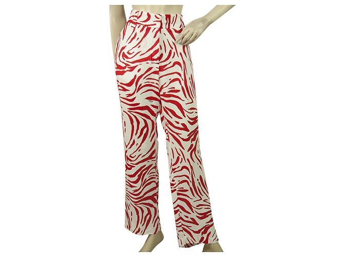 MSGM Milano Vermelho e Branco Zebra Estampado Viscose Calças Pernas Largas Tamanho da Calça 40