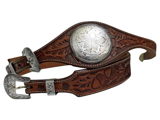 Autre Marque Vintage western belt in leather and silver Silvery Dark brown  ref.445857