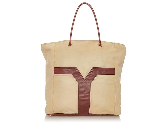 Yves Saint Laurent YSL Brown Lucky Chyc Canvas Tote Bag Red Beige