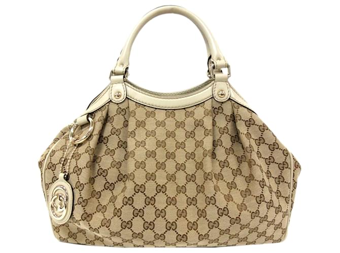 Gucci Brown GG Canvas Sukey Tote Bag White Beige Leather Cloth