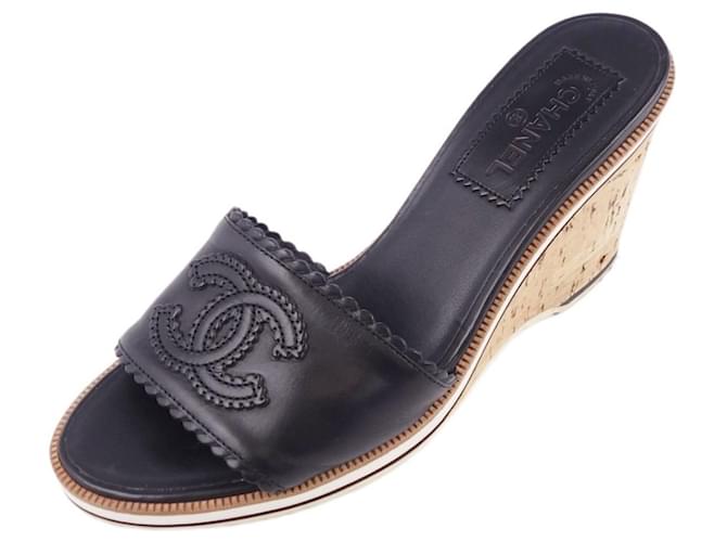 Sandálias CHANEL Coco Mark G25986 Sapatos de sola de cunha de cortiça mule sapatos tamanho preto 36.5 Couro  ref.446646