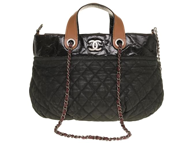 Chanel tote bag in leather and black patent, bicolor brown and bi-material,  Aged silver metal trim ref.446752 - Joli Closet