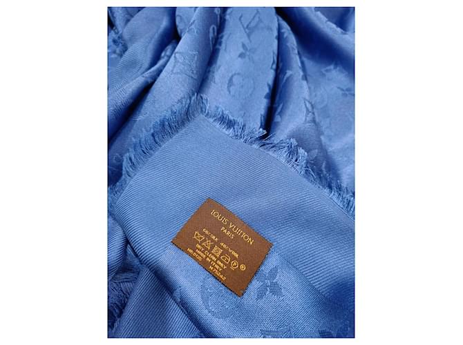 Écharpe Louis Vuitton Classic Monogram Bleu Royal Soie Laine  ref.446815
