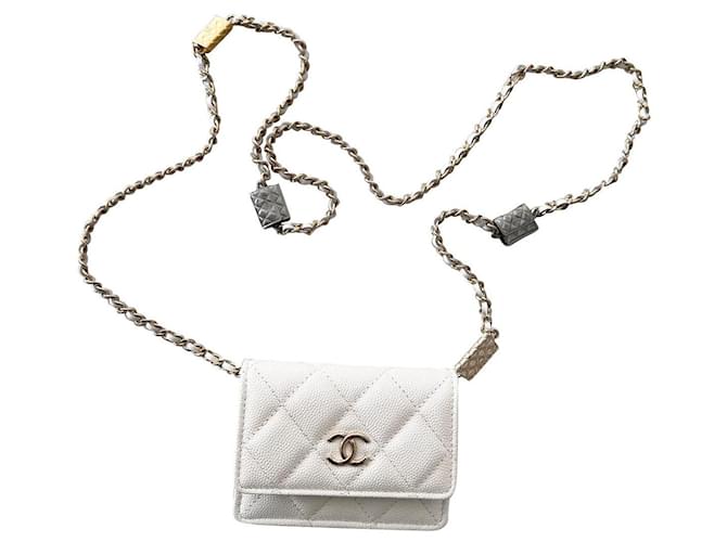 Wallet On Chain Chanel Kartenhalter an Kette Weiß Leder  ref.446799