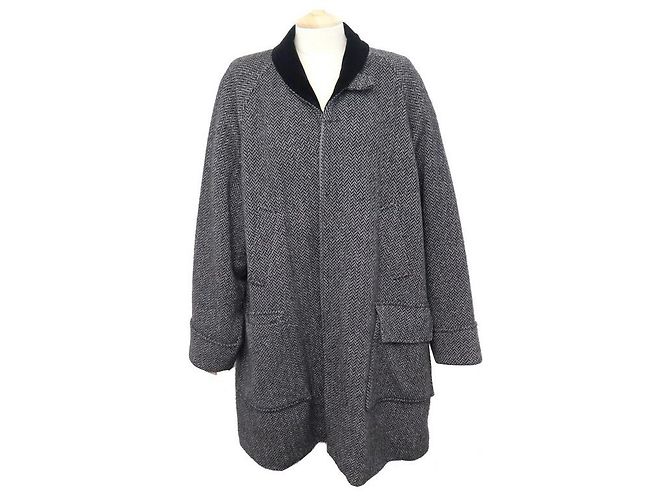 ARNYS LONG COAT L 54 CASHMERE HERRINGBONE PATTERN GRAY CASHMERE COAT JACKET Grey