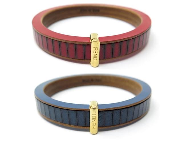 NEW LOT OF TWO FENDI BRACELETS IN WOOD AND RED BLUE LEATHER 17 CM WOOD BANGLE  ref.447871
