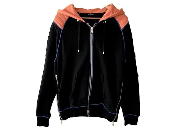 [Used]  	 Balmain BALMAIN [Notation size: L] Black / Black X Orange / Orange X Blue / Blue Plain BALMAIN Balmain long-sleeved hoodie Hooded Sweatshirt, Hoodie Bikers jacket Cotton  ref.448220
