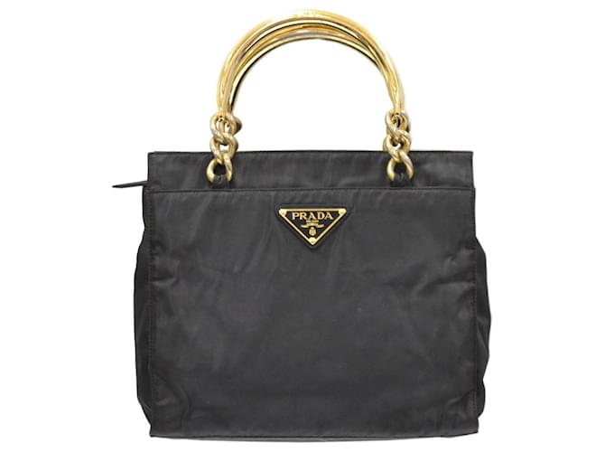 Vintage Prada Black Tessuto Nylon Gold Handle Bag