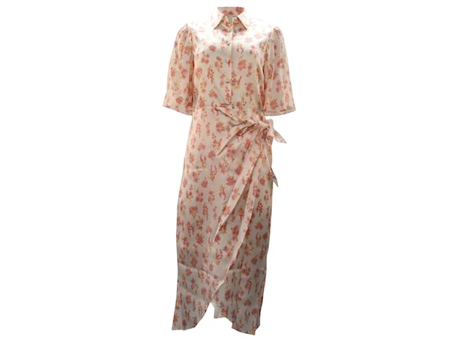 Autre Marque Les Rêveries Floral Print Wrap Midi Dress in White Silk  ref.449235